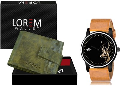 LOREM WL22-LR69 Combo Of Beige Wrist Watch & Green Color Artificial Leather Wallet Analog Watch  - For Men