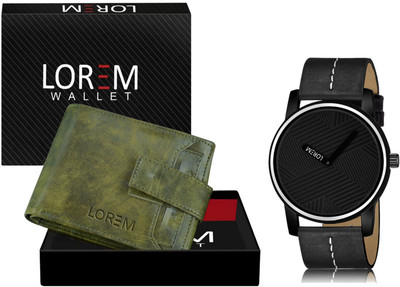 LOREM WL22-LR67 Combo Of Black Wrist Watch & Green Color Artificial Leather Wallet Analog Watch  - For Men