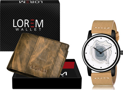 LOREM WL20-LR68 Combo Of Beige Wrist Watch & Brown Color Artificial Leather Wallet Analog Watch  - For Men