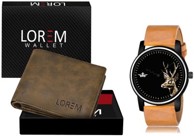 LOREM WL25-LR69 Combo Of Beige Wrist Watch & Brown Color Artificial Leather Wallet Analog Watch  - For Men