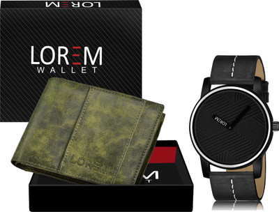 LOREM WL18-LR67 Combo Of Black Wrist Watch & Green Color Artificial Leather Wallet Analog Watch  - For Men