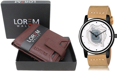 LOREM WL09-LR68 Combo Of Beige Wrist Watch & Maroon Color Artificial Leather Wallet Analog Watch  - For Men