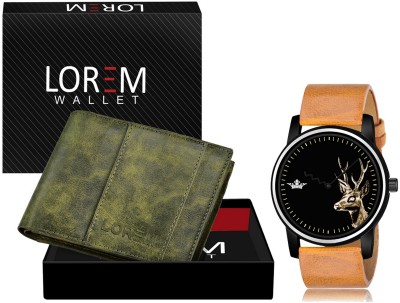 LOREM WL18-LR69 Combo Of Beige Wrist Watch & Green Color Artificial Leather Wallet Analog Watch  - For Men