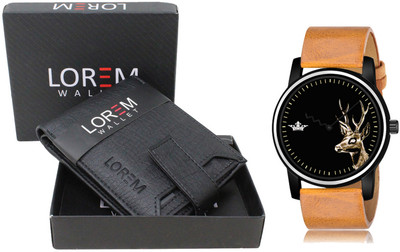 LOREM WL08-LR69 Combo Of Beige Wrist Watch & Black Color Artificial Leather Wallet Analog Watch  - For Men