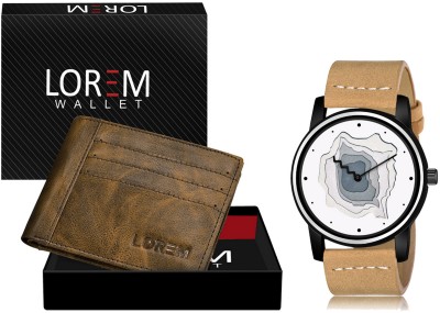 LOREM WL19-LR68 Combo Of Beige Wrist Watch & Brown Color Artificial Leather Wallet Analog Watch  - For Men