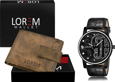 LOREM WL23-LR70 Combo Of Black Wrist Watch & Brown Color Artificial Leather Wallet Analog Watch  - For Men
