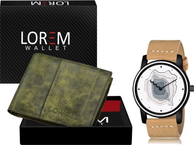 LOREM WL18-LR68 Combo Of Beige Wrist Watch & Green Color Artificial Leather Wallet Analog Watch  - For Men