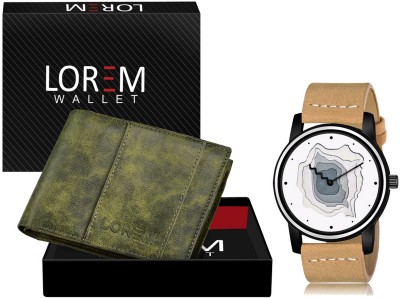 LOREM WL18-LR68 Combo Of Beige Wrist Watch & Green Color Artificial Leather Wallet Analog Watch  - For Men