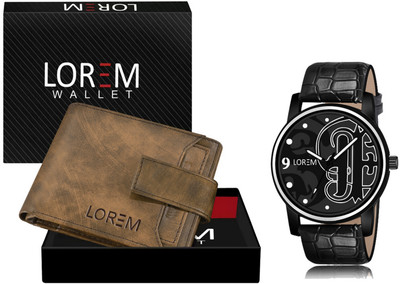 LOREM WL23-LR70 Combo Of Black Wrist Watch & Brown Color Artificial Leather Wallet Analog Watch  - For Men