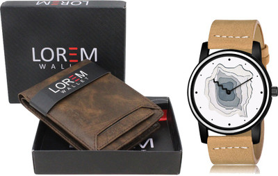 LOREM WL04-LR68 Combo Of Beige Wrist Watch & Brown Color Artificial Leather Wallet Analog Watch  - For Men