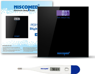 NISCOMED Automatic Personal Digital Weight Scale With Digital Thermometer and Large LCD Display, Weight Scale, Body Fat Scale, Smart BMI Scale, Digital Bathroom Wireless Weight Scale, Accurate Weight Measurement Weighing Scale Weighing Scale Weighing Scale(Ebony Black)
