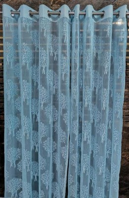 HHF DECOR 153 cm (5 ft) Polyester Semi Transparent Window Curtain (Pack Of 2)(Floral, Aqua)