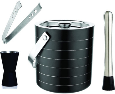 MDNSHO 1.75 L Steel Bar Set Containes : 1 Double Wall Ice Bucket (1700ml), 1 measuring jig (30ml/60ml), 1 Ice Tong, 1 Muddler Ice Bucket(Black, Steel)