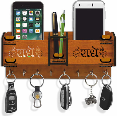 Heritagecrafts Special Designer Radhe Radhe Unique Wooden 2 Pocket Mobile and Pen holder 8 Hooks Wood Key Holder(8 Hooks, Brown)