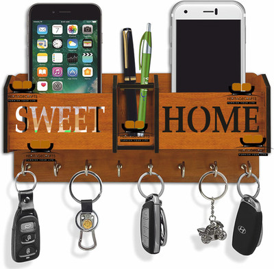 TSLC Sweet Home Design Key Holder With mobile Stand For Home Decor And Office Wood Key Holder(7 Hooks, Brown)