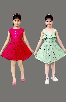 Mojua Girls Midi/Knee Length Festive/Wedding Dress(Multicolor, Sleeveless)
