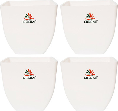 AGAMI Premium Decorative Square Shape 5 inch Pearl White Pots for Flower and Plants Plant Container Set(Pack of 4, Plastic)