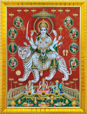 koshtak Durga Maa/Vaishno Devi/Nav Durga On Tiger With Laxmi, Kali, Saraswati Mata Religious Frame