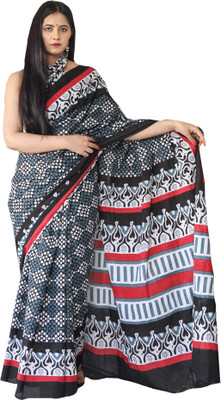 Pallo Latke Blocked Printed Daily Wear Pure Cotton Saree(Black)