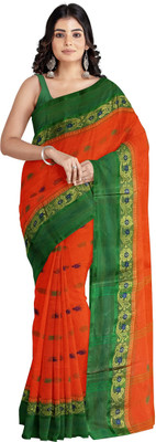 Bong ButiQ Woven Tant Pure Cotton Saree(Green, Orange)