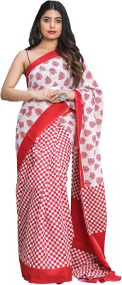 Pallo Latke Blocked Printed Daily Wear Pure Cotton Saree(White)