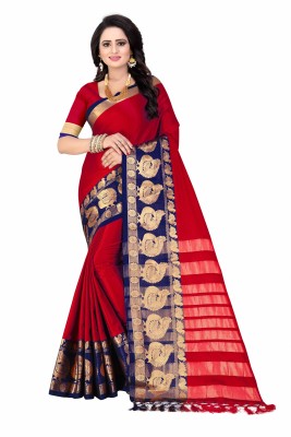 Bombey Velvat Fab Self Design, Striped Dharmavaram Jacquard, Art Silk Saree(Red)