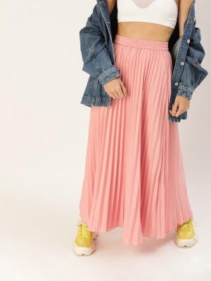 U&F Solid Women Pleated Pink Skirt