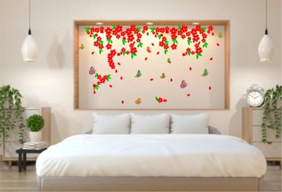 Burhani Decor 65 cm Red flower with colorful butterflyes pvc vinyl multicolor decorative wall sticker for wall decoration size : 65 Cm X 117 Cm Self Adhesive Sticker(Pack of 1)