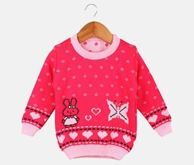 Fit N Fame Printed Round Neck Casual Baby Girls Pink Sweater