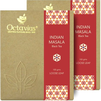 Octavius Indian Masala Chai Tea Loose Leaf - 100 gms (50 cups) Perfect Blend of Black Tea, Cinnamon, Cardamom, Cloves & Black Pepper | Spiced Assam energy tea | High Caffein (Pack of 2) Masala Tea Vacuum Pack(2 x 100 g)
