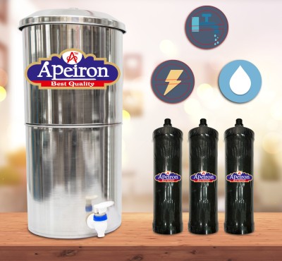 Apeiron Stainless Steel Non-Electric Water filter With 1 Carbon Candle 24 Liter Capacity (Includes 3 of Apiron Carbon Ultra Fast Filtration cartridges) Bottom Loading Water Dispenser