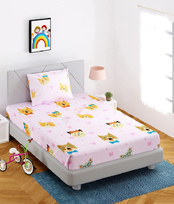 Laying Style 210 TC Cotton Single Printed Fitted (Elastic) Bedsheet(Pack of 1, Soft Glace Cotton Floral Single Size Elastic Fitted Bedsheet with 1 Pillow Covers (36x72x6 Inch, Set of 2-Design-3)
