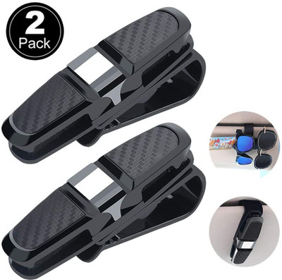 carfrill Glasses Holder for Car Sun Visor, 2 Pack Double-Ended 180 Degree Rotatable and Built-in Sponge Sunglasses Eyeglasses Clip Hanger with Card Ticket Black Car Sunglass Clip Holder