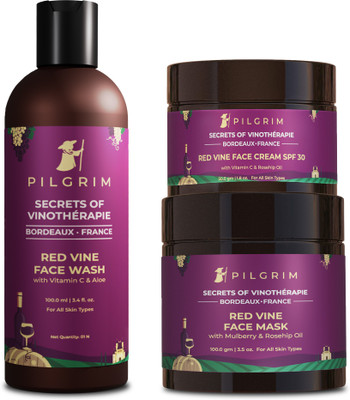Pilgrim Red Vine Skin Brightening & Firming Kit | Pore Clearing Face Mask 100g, Cleansing Face Wash 100ml, Brightening Face Cream SPF 30 50g | For Glowing Skin | For Women & Men(3 Items in the set)