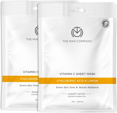 THE MAN COMPANY Vitamin C Sheet Mask with Hyaluronic Acid & Lemon | Boosts Collagen, Brightening | Improves Skin Tone, Deep Cleanses & Removes Excess Oil – Pack of 2 (25ml each)(50 ml)