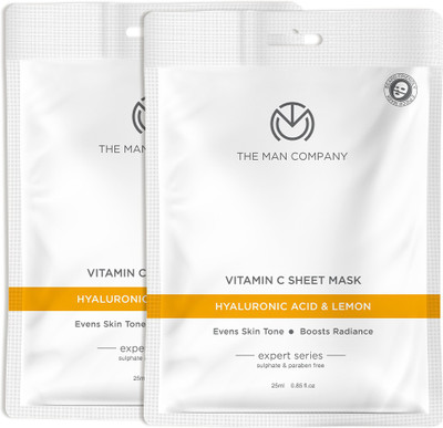 THE MAN COMPANY Vitamin C Sheet Mask with Hyaluronic Acid & Lemon | Boosts Collagen, Brightening | Improves Skin Tone, Deep Cleanses & Removes Excess Oil – Pack of 2 (25ml each)(50 ml)