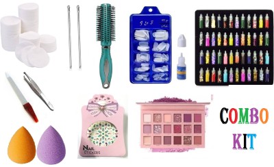 J & F Artificial Gold Finger Empress Tips Fake Nails With Glue Bottle White , Round Roller Comb / Styling Hair Brush , Stainless Steel Blackhead Remover ( Needle Pack of 2 ) , Round Cotton Pads For Makeup Remover 50 Pc Makeup Remover , Makeup Beauty Foundation Cream Powder Liquid Blender Puff / Spon