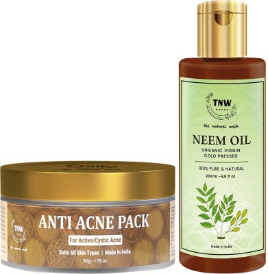 TNW - The Natural Wash Anti Acne Face Pack With Neem extract Improve Texture of The Skin Ayurvedic Pimple & Zits Clearing Treatment with Multipurpose Pure Neem Oil for Hair & Skin - Remove pimples, acne and cure any fungal infection from skin(2 Items in the set)
