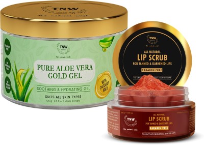 TNW - The Natural Wash Combo of Pure Aloe Vera Gel for Face Skin, Acne, Scars & Sunburn Treatment with 24K Gold Properties Multipurpose Aloevera Gel with Lip Lightening & Brightening Lip Scrub for Tanned & Darkened Lips(2 Items in the set)