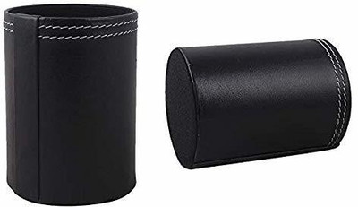 LRS 1 Compartments Leather Finish Pen Stand Round - Black color - Pack of 2(Black)