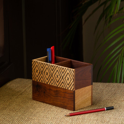 ExclusiveLane 2 Compartments Sheesham and Mango Wood Table Organiser(Natural Light Brown and Dark Brown)