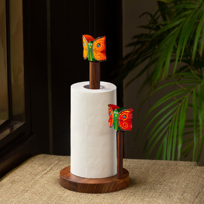 ExclusiveLane 1 Compartments Sheesham Wood Tissue Roll Dispenser(Natural Dark Brown with Multicoloured Butterflies)