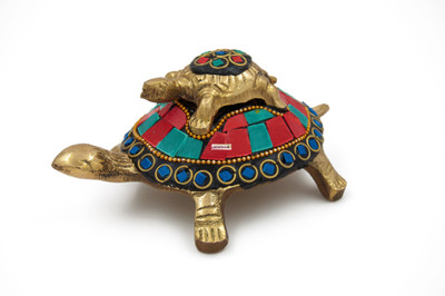 MOZO HUB Brass Antique multi color stone studded fengshui Turtle with turtle baby 13 cm Brass Table Diya Set(Height: 5.5 inch)