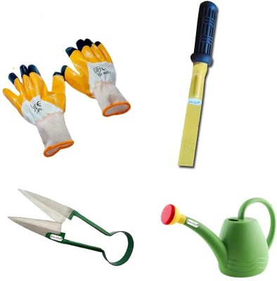 Green Whisper Stainless Steel Blade Cutter (Green Hand) | Khurpi for Small Pots & Printed Best Garden Tool | Plastic Green Watering Can Sprayer| Rubber Safety Hand Gloves Garden Tool Kit(4 Tools)