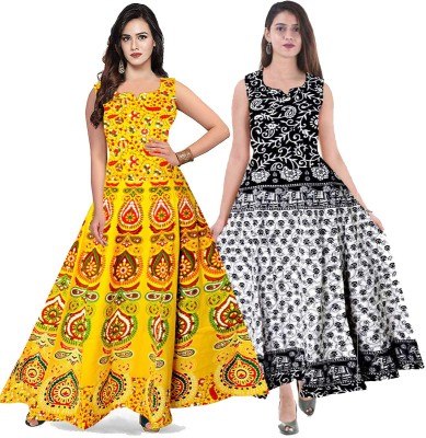 Shree Disha Flared/A-line Gown(Yellow, Black)