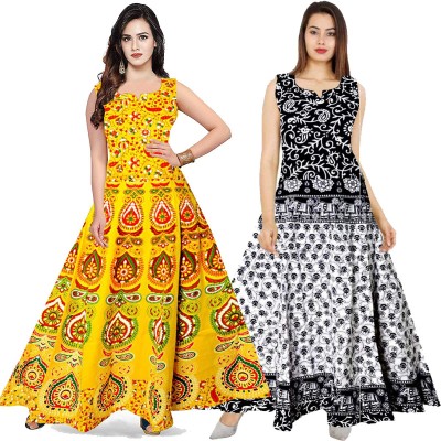 Shree Disha Flared/A-line Gown(Yellow, Black)