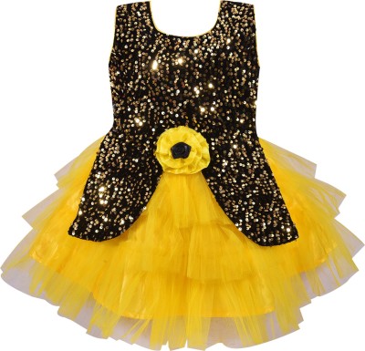 Wish Karo Girls Midi/Knee Length Party Dress(Yellow, Sleeveless)