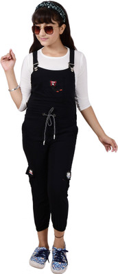 MYKUKI Dungaree For Girls Casual Solid Cotton Blend(Black, Pack of 1)