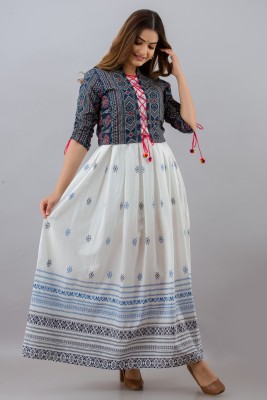 jaipurite Women Printed Flared Kurta(White, Blue)