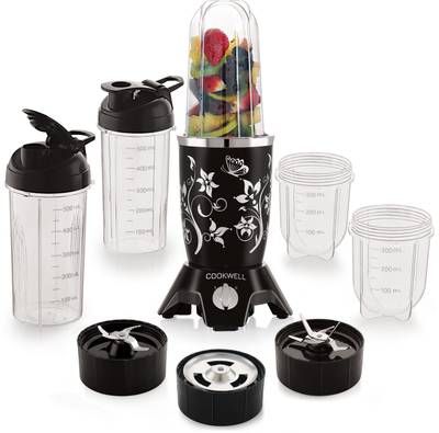 cookwell Push + Knob Bullet 600 Juicer Mixer Grinder (5 Jars, Black Flower)